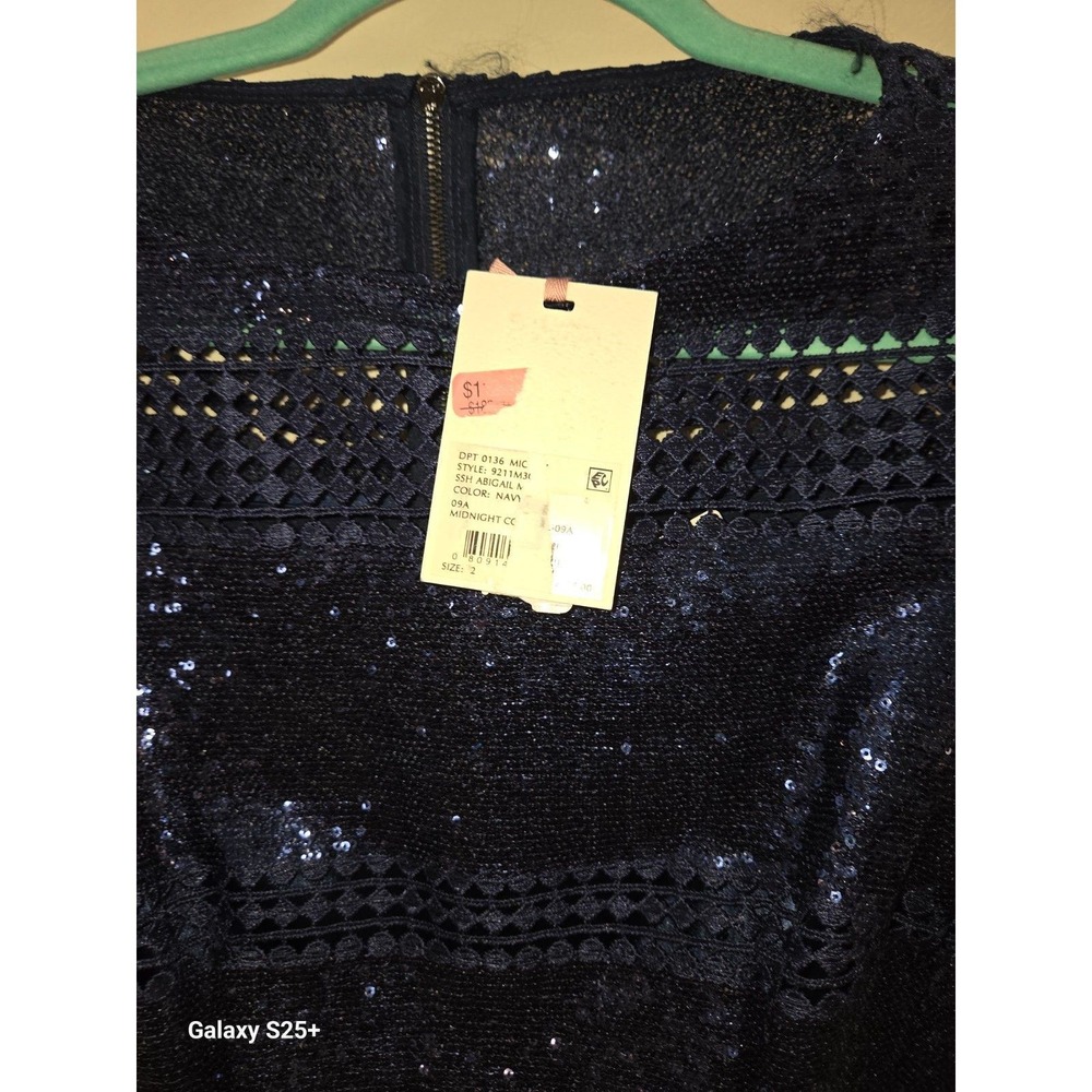 Alex Marie Abigail Sequin Lace Dress Midnight Navy Blue 3/4 Sleeve Sheath 2 - Picture 3 of 4